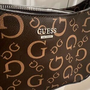 Guess Brown and Tan Logo Print Shoulder Bag